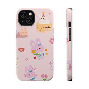 May include: Pink phone case featuring a repeating pattern of cartoon bunnies, flowers, and a cake. The bunnies are in various poses, some holding flowers. The case has a black camera lens and buttons on the side.