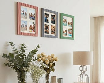 Instax Mini Collage Picture Frame 2x3 for Home Decor | Striped Fabric Tabletop & Wall Frame | Polaroid Display Case for Wedding Bestie