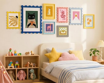 Marco de fotos infantil colorido con borde ondulado, juego de marcos de fotos de arte mural en tonos pastel, marco de collage para decoración de pared estilo cottagecore para guardería o sala de estar.