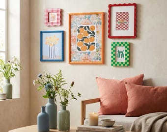 Eclectic Wall Art Picture Frame Set  | Funky Vibrant Scalloped & Checkered Gallery Wall Frames | Retro Aesthetic Bedside Gallery Wall Decor