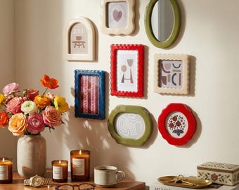 Mixed Shape and Size Picture Frame Set, 8 Piece Colorful Wavy Gallery Wall Kit, Eclectic Wavy & Arched Photo Frames, Danish Pastel Decor