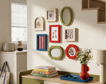 Mixed Shape and Size Picture Frame Set, 8 Piece Colorful Wavy Gallery Wall Kit, Eclectic Wavy & Arched Photo Frames, Danish Pastel Decor