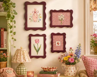 Burgundy Wavy Scalloped Picture Frames, 4x6/5x7/8x10 Sizes (Single/ Set), Cottagecore Farmhouse Decor, Wall & Tabletop Photo Frame Set