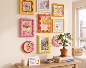 Juego de marcos de fotos coloridos para pared, marcos de fotos con formas variadas, originales y onduladas, portafotos de mesa con un toque caprichoso, decoración del hogar con estética coqueta