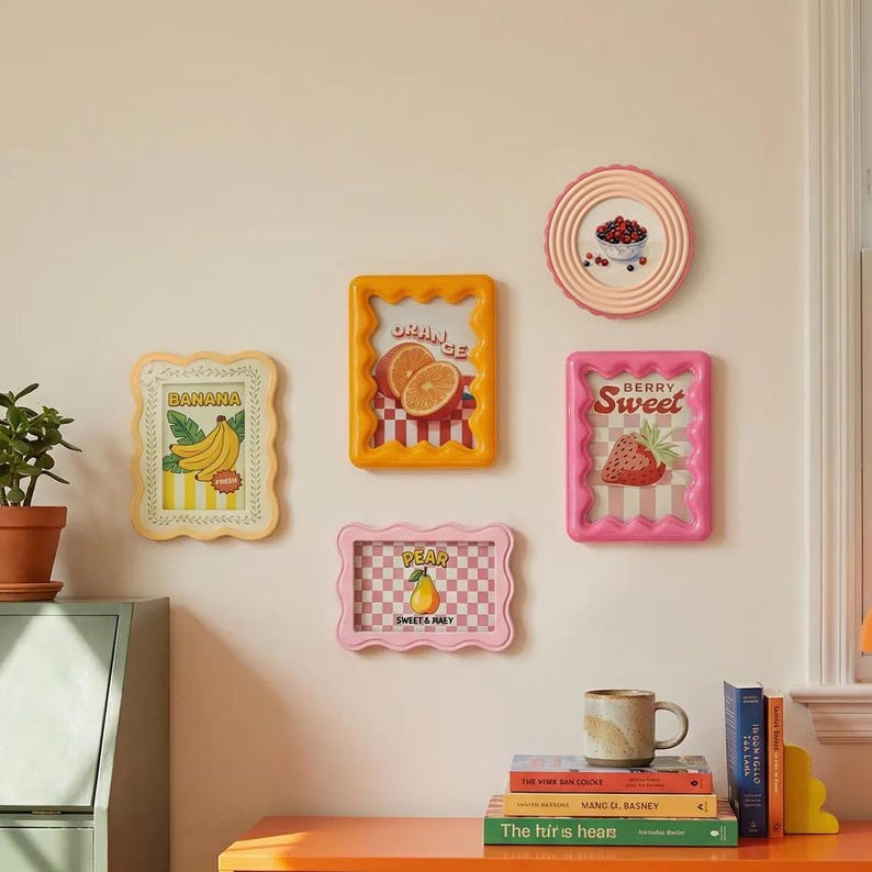 Kleurrijke geschulpte fotolijstset aan de muur, grillige dopamine-fotolijsten, pastelkleurige muurkunstkit, Moederdagcadeau (per stuk) Set of 5Pcs