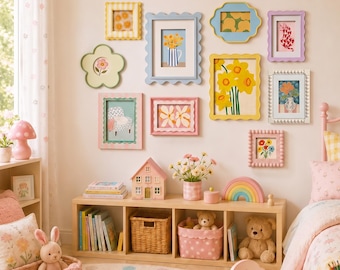 Pastel Wavy Gallery Wall Frame Set, Colorful Scalloped Photo Frame, Cute Floral Wall Art Collage Kit, Kids Bedroom Dorm Room Aesthetic Decor