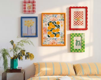 Eclectic Wall Art Picture Frame Set  | Funky Vibrant Scalloped & Checkered Gallery Wall Frames | Retro Aesthetic Bedside Gallery Wall Decor