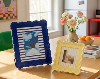 Wavy Scalloped 8x10 Picture Frame with Striped Mat, Colorful Retro Photo Frame for Wall or Tabletop Home Decor, Funky Art Print Frame