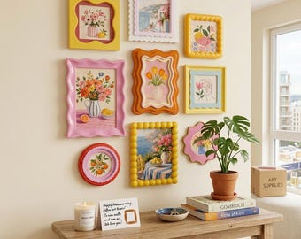 Colorful Gallery Wall Frame Set, Funky Wavy Cute Mixed Shape Photo Frames, Whimsical Tabletop Photo Holder, Coquette Aesthetic Home Decor