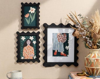 Wavy Edge Black Wood Picture Frames | Retro Modern Wall Décor, Aesthetic 4x6 5x7 8x10 Photo Frame for Gallery Wall, Mother’s Day Gift