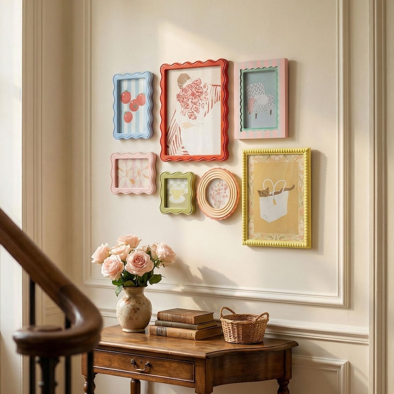 May include: A collection of colorful picture frames with scalloped edges adorns a wall. The frames are in various shapes and sizes, with images of fruit, flowers, and other decorative elements. A wooden table with a vase of roses and books sits below.