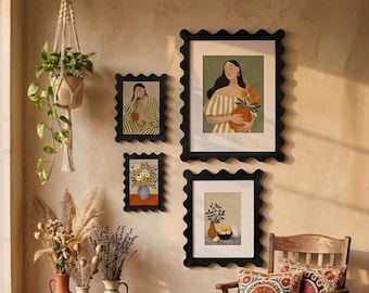 Wavy Edge Black Wood Picture Frames | Retro Modern Wall Décor, Aesthetic 4x6 5x7 8x10 Photo Frame for Gallery Wall, Mother’s Day Gift