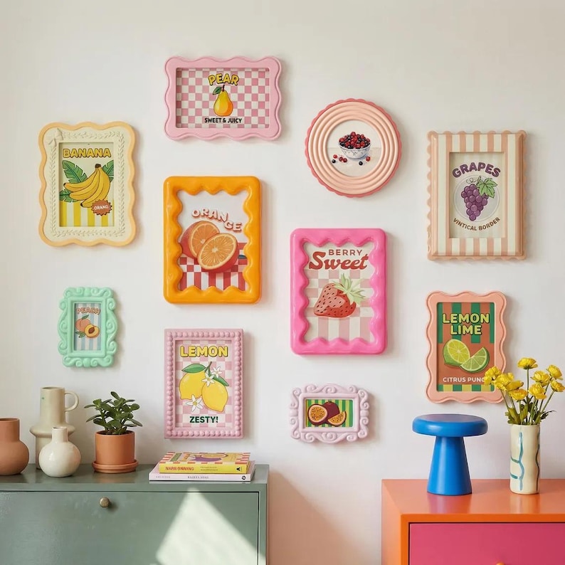 Kleurrijke geschulpte fotolijstset aan de muur, grillige dopamine-fotolijsten, pastelkleurige muurkunstkit, Moederdagcadeau (per stuk) afbeelding 6
