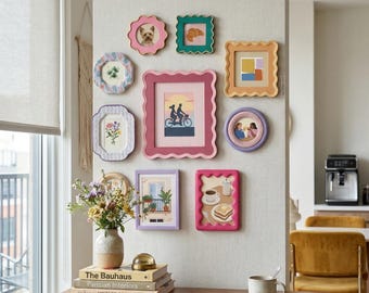 19 Piece Gallery Wall Picture Frame Set, Mix Size & Shape Colorful Funky Wavy Frame Set for Eclectic Wall Art, Unique Housewarming Gift