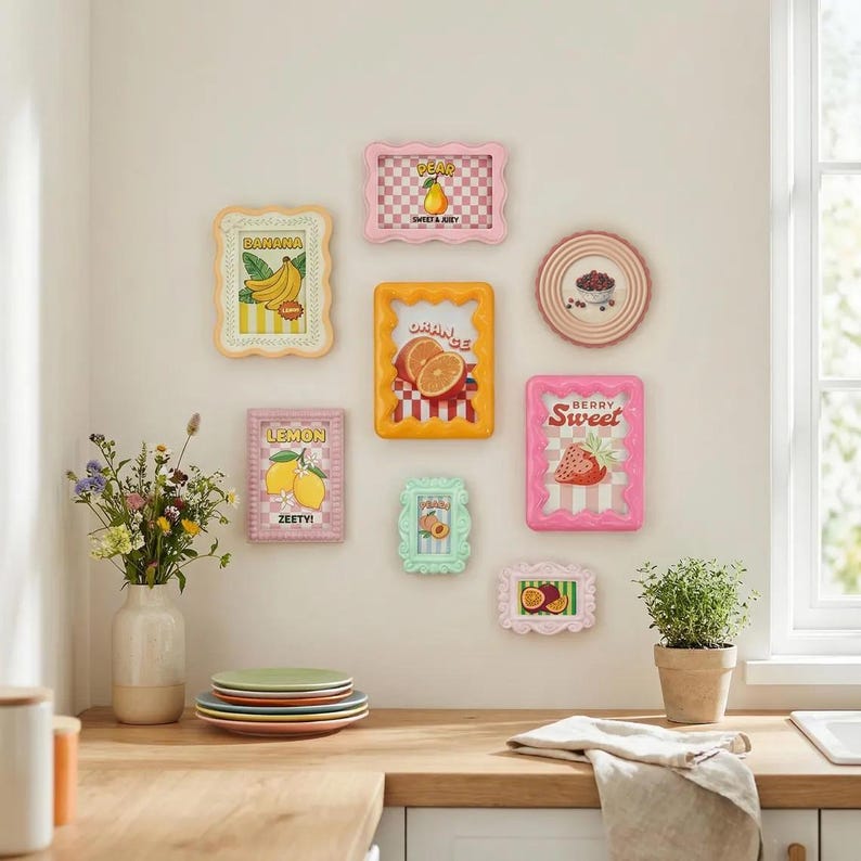 Kleurrijke geschulpte fotolijstset aan de muur, grillige dopamine-fotolijsten, pastelkleurige muurkunstkit, Moederdagcadeau (per stuk) Set of 8Pcs
