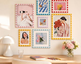Juego de marcos de fotos a cuadros coloridos, kit de collage de marcos de fotos de vichy en tonos pastel, marco de arte de pared de galería danesa en tonos pastel, regalo de decoración para la habitación que estimula la dopamina