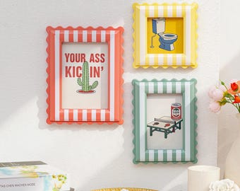 Colorful Scalloped Wavy Picture Frames, Striped Y2K Aesthetic Tabletop Photo Frame, Gallery Wall Frames for Desk & Shelf Decor
