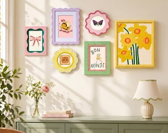 Retro Inspired Pastel Picture Frames Set, Cute Retro Photo Frames, Cottagecore Wall Art Decor, 5 Styles (Round & Rectangular)
