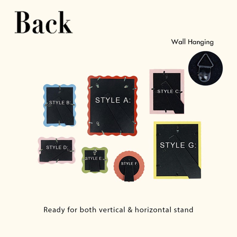 May include: Assorted colorful picture frames, including styles A, B, C, D, E, F, and G. The frames are in various shapes and colors, with a black backing and stand. The image also shows a wall hanging option. Text on the image reads "Back" and "Ready for both vertical & horizontal stand."