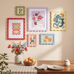 Marcos de fotos ondulados de colores pastel, marcos de galería de pared, marcos de arte floral vintage, decoración estética moderna para pared y mesa.