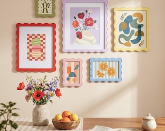 Colorful Wavy Picture Frames Set, Pastel Wall Gallery Frames, Vintage Floral Art Frames, Aesthetic Modern Wall & Tabletop Home Decor
