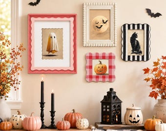 Colección de marcos de fotos de Halloween con motivos caprichosos, marcos rosas con bordes festoneados, cuentas y rayas, decoración de pared para galería de otoño, acento acogedor para el hogar.