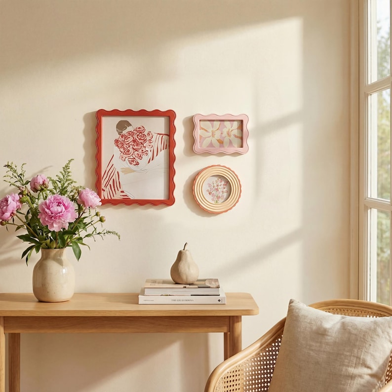 May include: Three decorative picture frames in red, pink, and peach hang on a cream-colored wall. A red frame with a scalloped edge holds a print of a person holding flowers. A vase of pink peonies sits on a wooden table.