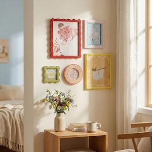 May include: A collection of framed art pieces in various shapes and sizes, mounted on a white wall. The frames are in red, pink, green, and yellow, with decorative edges. The art includes illustrations of a person with flowers, a sheep, and a cat in a bag.