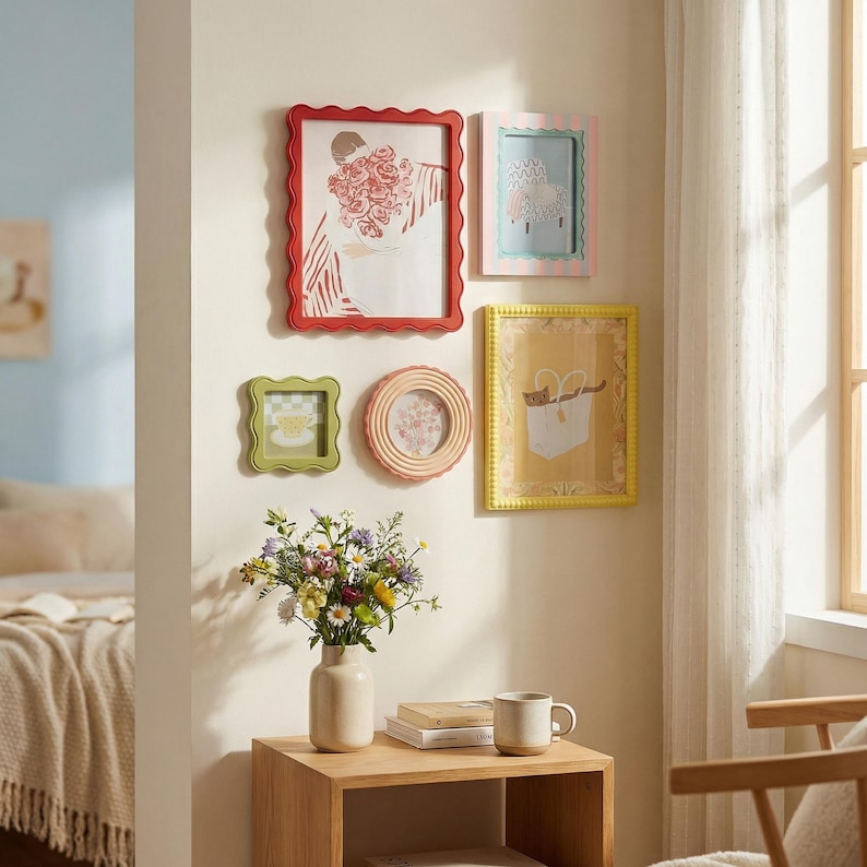 May include: A collection of framed art pieces in various shapes and sizes, mounted on a white wall. The frames are in red, pink, green, and yellow, with decorative edges. The art includes illustrations of a person with flowers, a sheep, and a cat in a bag.