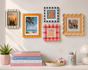 Colorful Wavy Gallery Wall Frame Set, Preppy Striped Checkered Photo Frame, Coastal Boho Picture Frames for Dorm Room Decor,Best Friend Gift