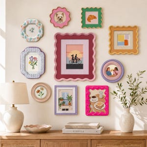 19 Piece Gallery Wall Picture Frame Set, Mix Size & Shape Colorful Funky Wavy Frame Set for Eclectic Wall Art, Unique Housewarming Gift