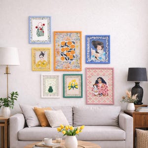 Cadres floraux vintage, décoration d'intérieur rétro pastel, cadre en perles colorées, cadre photo pastel aux fuseaux pour mur de galerie, cadeau de fête des mères