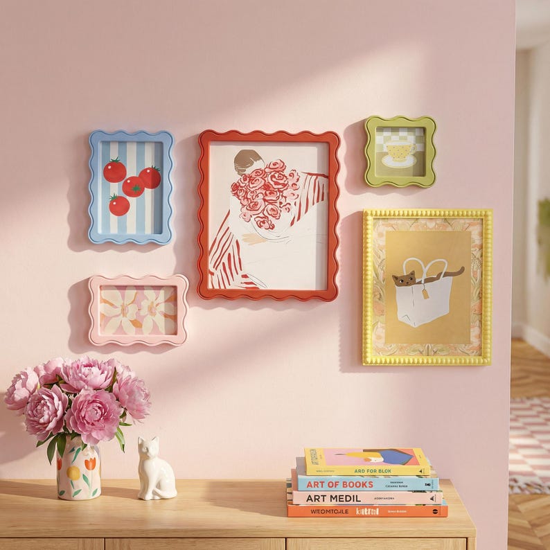 May include: A collection of framed art pieces in various colors and sizes, including a blue frame with tomato art, a red frame with a floral illustration, and a yellow frame with a cat in a bag. A vase of pink flowers and a white cat figurine are on a wooden surface.