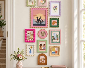 12 Piece Gallery Wall Picture Frame Set, Mix Size & Shape Colorful Funky Wavy Frame Set for Eclectic Wall Art, Unique Housewarming Gift