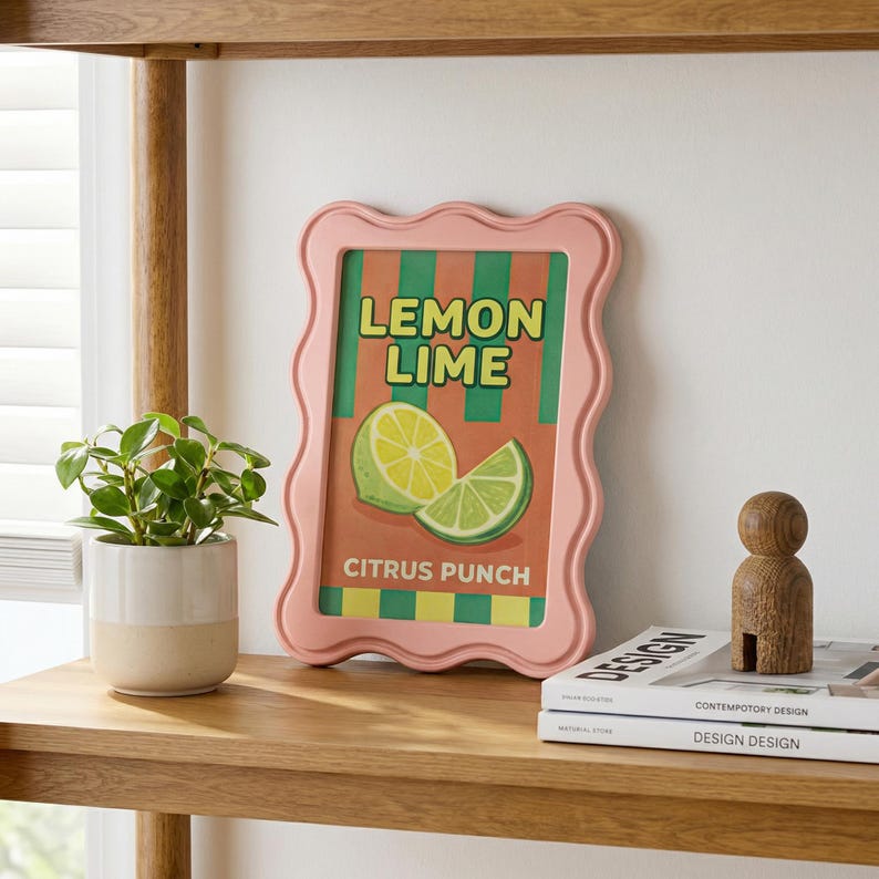 Op de afbeelding: Een roze fotolijst met golvende randen bevat een print met verticale groene en oranje strepen, een illustratie van een limoen en de tekst "LEMON LIME CITRUS PUNCH". De lijst staat op een houten plank naast een kleine plant.