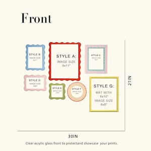May include: A collection of picture frames in various styles and sizes, including a 9x11 inch red frame and a 6x8 inch gold frame. The image also includes text that reads "Front" and "Clear acrylic glass front to protect and showcase your prints."