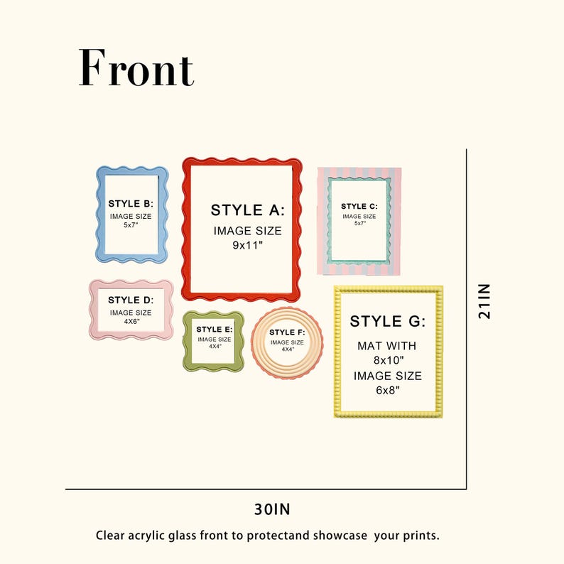 May include: A collection of picture frames in various styles and sizes, including a 9x11 inch red frame and a 6x8 inch gold frame. The image also includes text that reads "Front" and "Clear acrylic glass front to protect and showcase your prints."