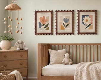 Wavy Scalloped Wooden Frame with Linen Mat & Boho Floral Art Print | 11x14 Fits 8x10 Photo, Boho Wall Decor, Set of 4 Single Option