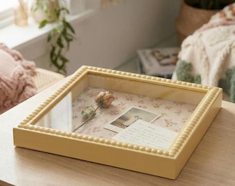Yellow Beaded Shadow Box Frame with Pin Board, 11x14In Fabric Pinboard Display Frame with Acrylic Glass, Memory Photo Ticket Keepsake Frame