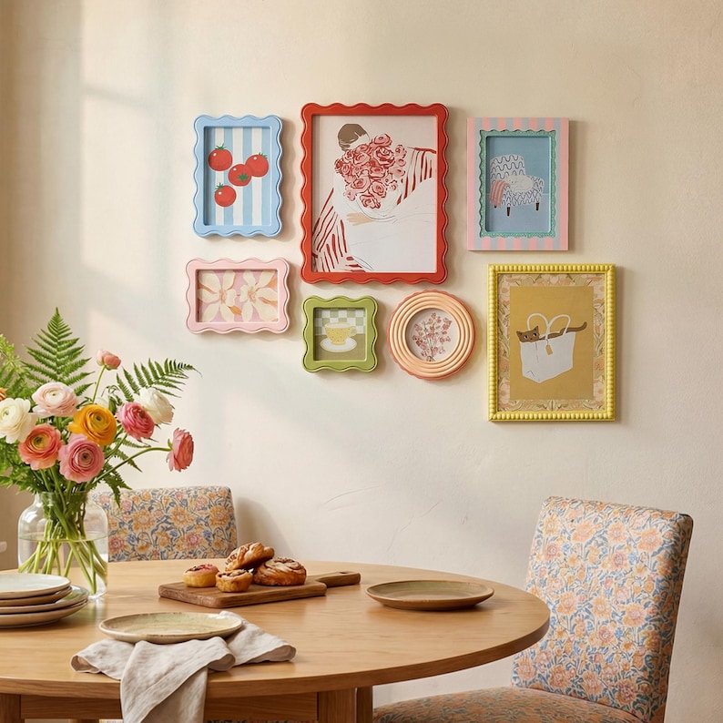 May include: A collection of colorful picture frames with scalloped edges, each containing unique artwork. The frames are in various shapes and colors, including blue, red, pink, green, and yellow. The artwork includes illustrations of tomatoes, flowers, and a cat in a bag.