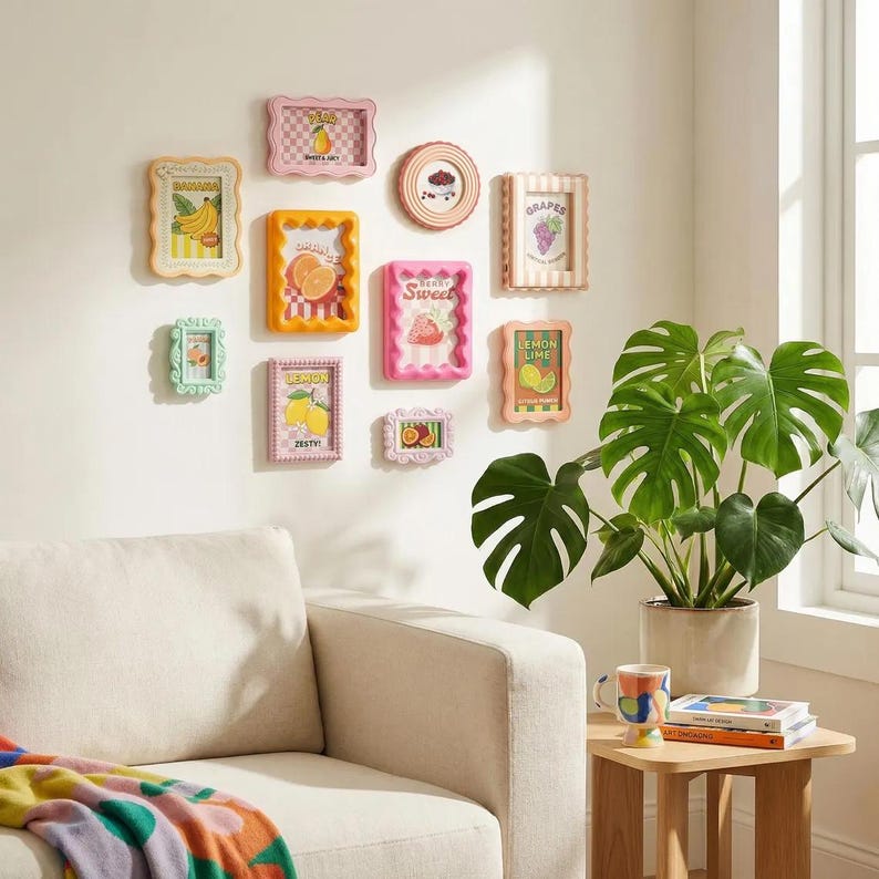 Kleurrijke geschulpte fotolijstset aan de muur, grillige dopamine-fotolijsten, pastelkleurige muurkunstkit, Moederdagcadeau (per stuk) afbeelding 2