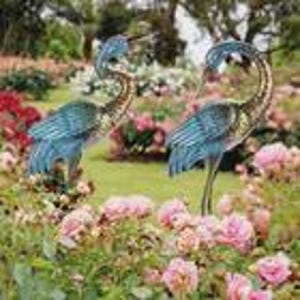 Garden Crane Statues Outdoor, Standing Blue Heron Decoy Sculptures, Metal Bird