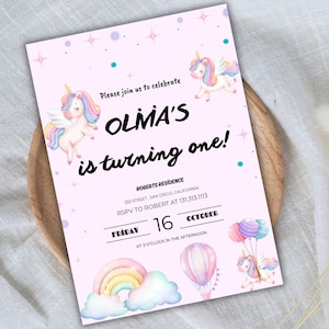 Convite de aniversário de unicórnio, cartão editável de 1º aniversário, convite para festa de meninas, tema arco-íris, download instantâneo, modelo digital infantil