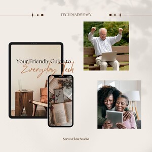以下が含まれることがあります： 「TECH MADE EASY」と「Your Friendly Guide to Everyday Tech」というテキストが入ったデジタルグラフィック。タブレット、スマートフォン、テクノロジーを使用している人々の写真が含まれており、テクノロジーのチュートリアルまたはガイドを示唆しています。
