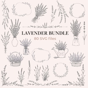 May include: A collection of black and white line art illustrations featuring lavender sprigs, bouquets in vases, baskets, and watering cans, along with floral wreaths and borders. The text reads LAVENDER BUNDLE 80 SVG files.
