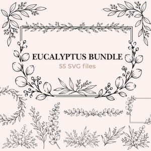 Puede incluir: Una colección de ilustraciones de líneas negras con hojas, ramas y bayas de eucalipto dispuestas en marcos, coronas y ramitas. El texto EUCALYPTUS BUNDLE 55 SVG files está centrado en el marco rectangular principal sobre un fondo claro.