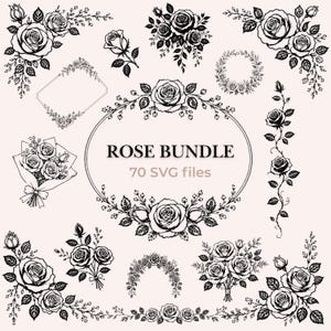 Könnte beinhalten: Eine digitale Sammlung von schwarz-weißen Rosenillustrationen mit verschiedenen Blumenarrangements, Sträußen, Kränzen und dekorativen Rändern. Der zentrale Text lautet ROSE BUNDLE 70 SVG files und zeigt eine Vielfalt botanischer Designs.