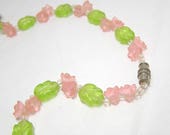 VINTAGE Plastic Pink Flower Necklace 50s molded pink flowers Green Leaves German 15 quot Choker Lucite Retro Spring Pink Green