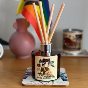 May include: A brown glass reed diffuser bottle with a silver collar and four light-colored reeds. The label features the text "The Pin Up" and "MAKD CANDLES & CO" with an illustration of a person sitting on a shark, playing cards, and a sun.
