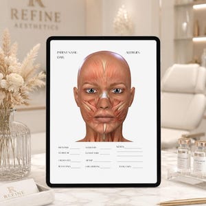 May include: A digital tablet displays a medical facial anatomy chart featuring a detailed illustration of human facial muscles. The form includes fields for patient name, date, allergies, and specific treatment areas like frontalis, masseters, and crow's feet.
